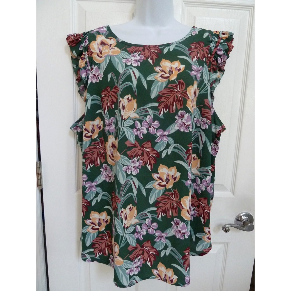 LOFT PLUS Sz 22 Ruffled Cap Sleeve Dark Floral Career Blouse Office Feminine